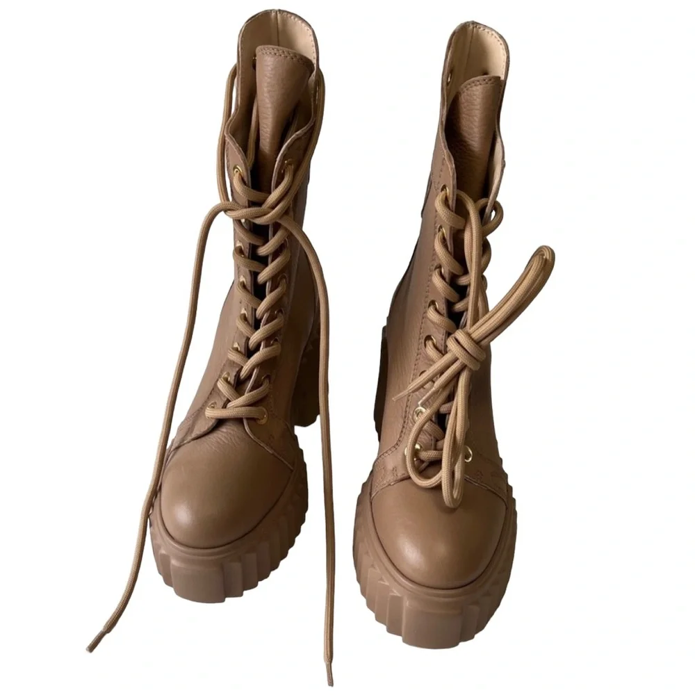 AGL Tania Leather Platform Combat Boots Camel Brown Lace Up Made Italy 7.5